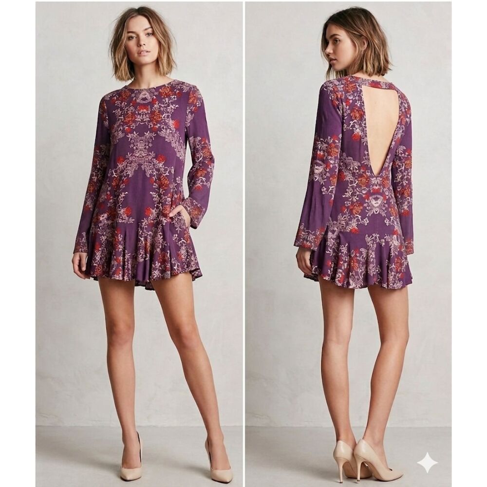 Free People Dress Women's Size Small Purple Floral Long Sleeves